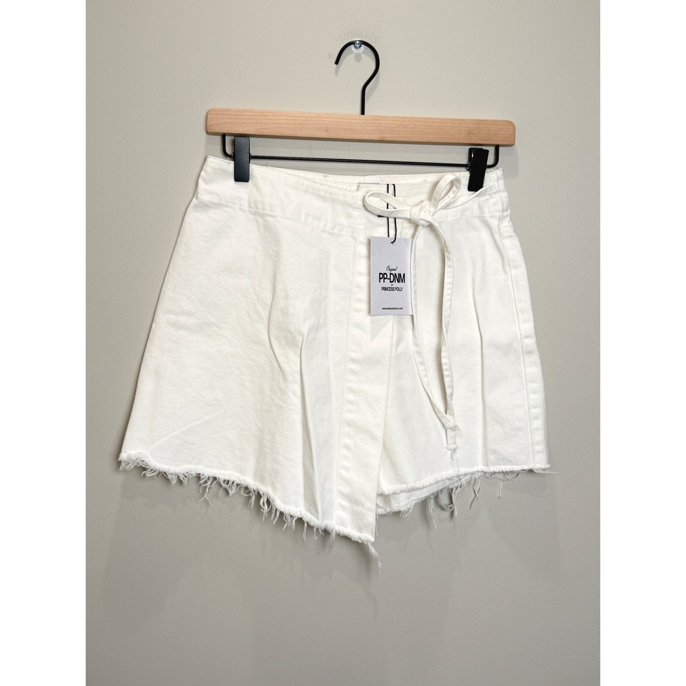 NWT Princess Polly 2 Alrita Denim Skort White Mini Wrap Raw Hem Festival Minimal